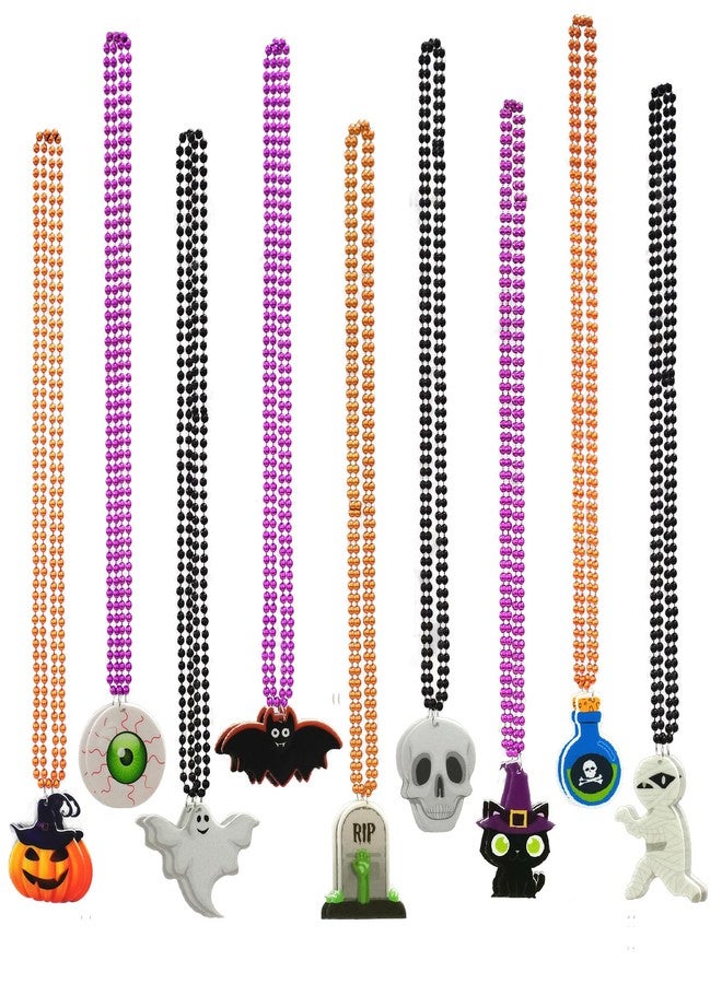 Becfupo 18Pcs Halloween Bead Necklaces, Purple Orange Black Beaded Necklaces With Pumpkin Ghost Pendants For Halloween Party Favors, Halloween Trick or Treat Costume - Image 1